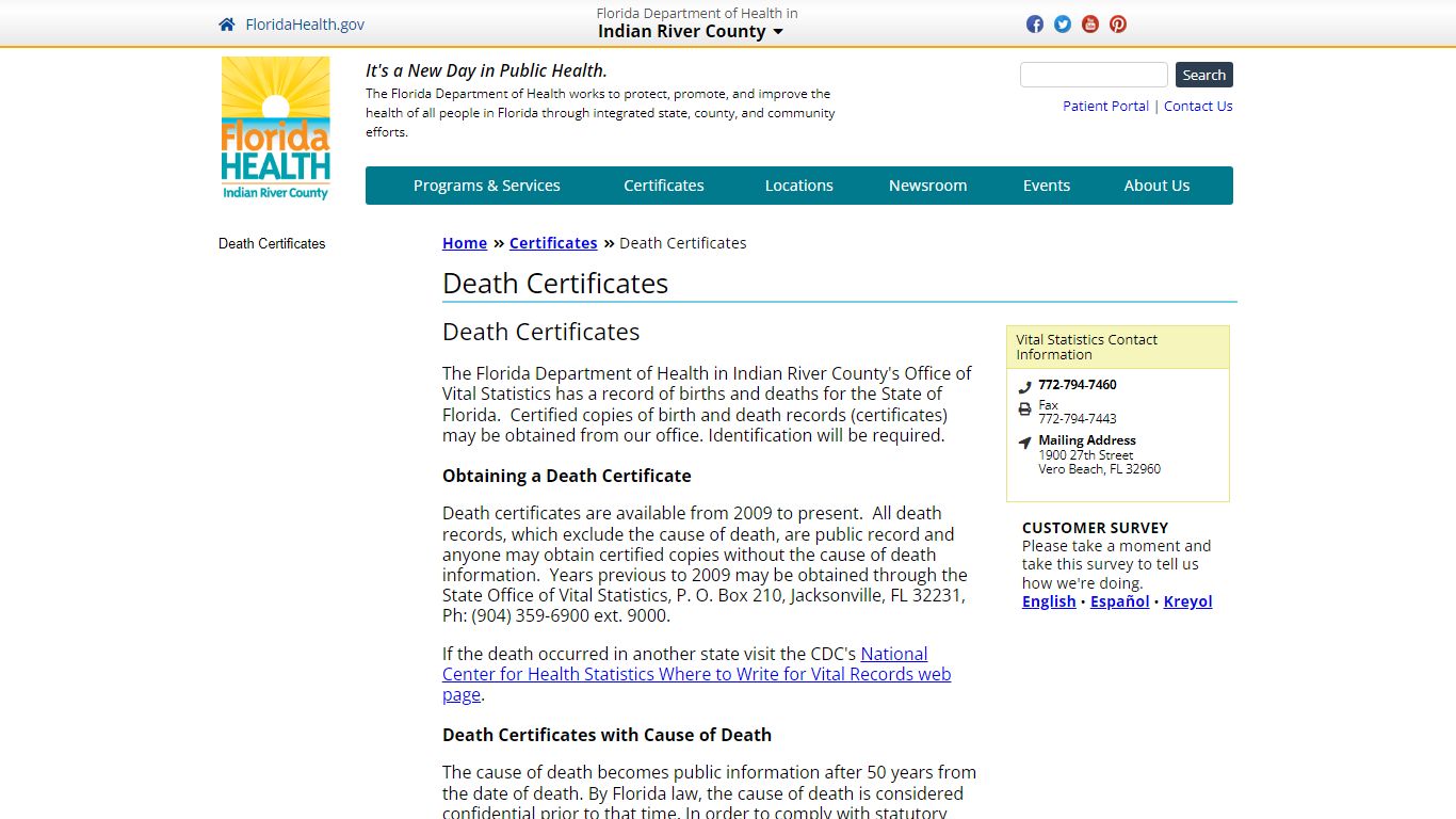 Death Certificates | Florida Department of Health in Indian River